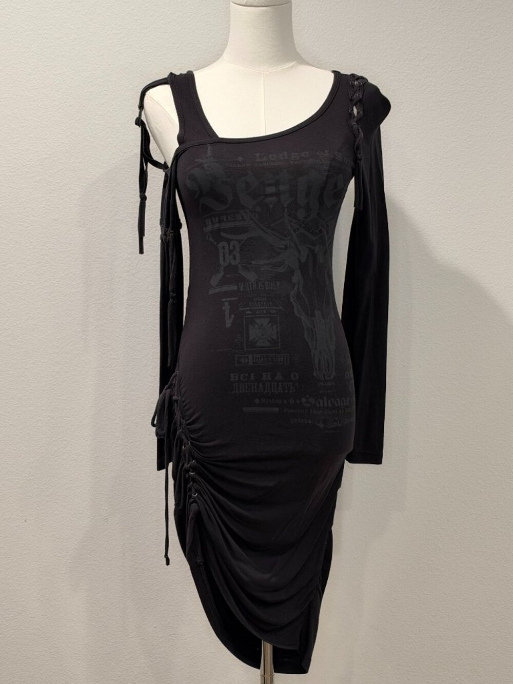 Salvage Y2K Black Gothic Graphic Ruched Midi Dress – Size XS